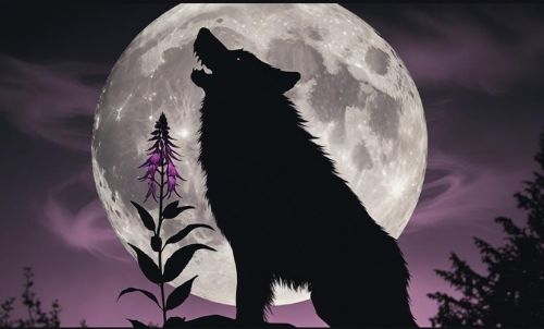 A wolf howling at the full moon beside a purple wolfsbane flower